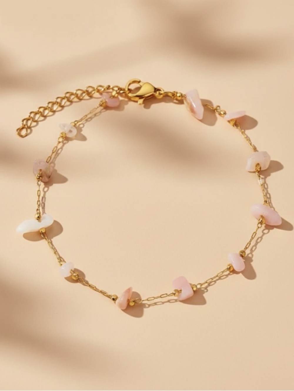 Rose Quartz 18k Gold Stainless Steel Gemstone Chip Bracelet